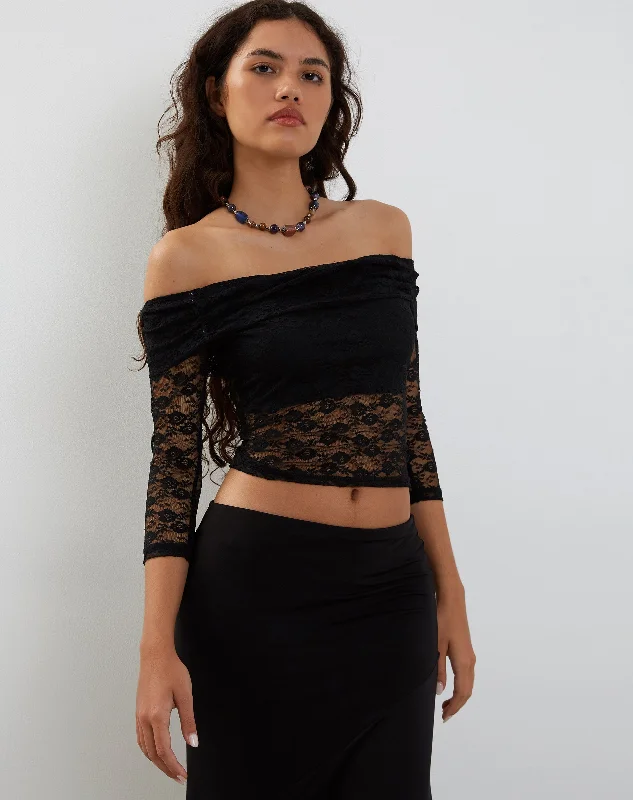 Nixie Long Sleeve Bardot Top in Lace Black