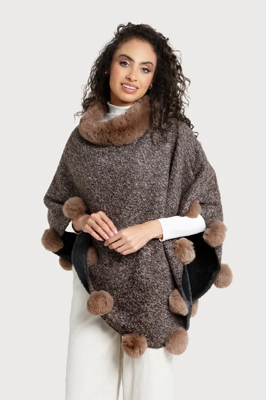 Faux Fur Poncho Pom Pom