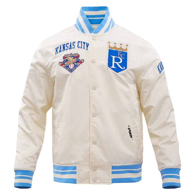 MLB KANSAS CITY ROYALS RETRO CLASSIC MEN'S RIB SATIN JACKET (EGGSHELL/ UNIVERSITY BLUE)