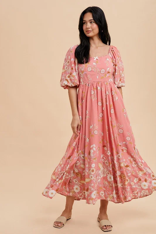 Pink Floral Print Puff Sleeve Maxi Dress