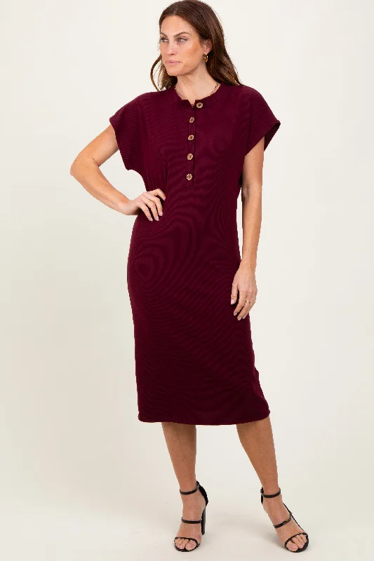 Burgundy Solid Ribbed Short Sleeve Button Down Knit Midi Dress