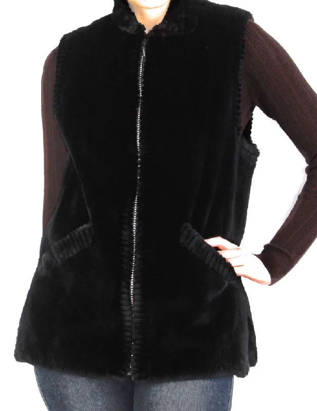 MEDIUM BLACK SHEARED BEAVER FUR VEST WITH SPARKLING CRYSTAL ZIPPER