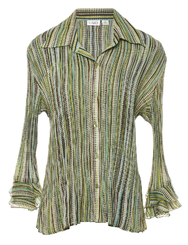 Green & Brown Striped Y2K Bell Sleeve Shirt - XL