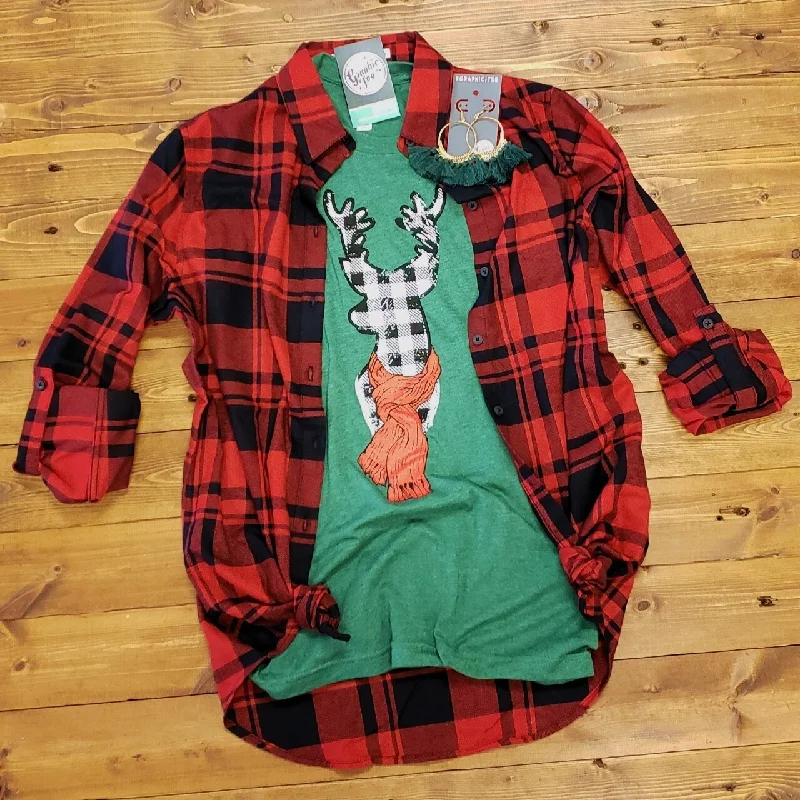 Plaid Reindeer - Heather Grass Green Tee