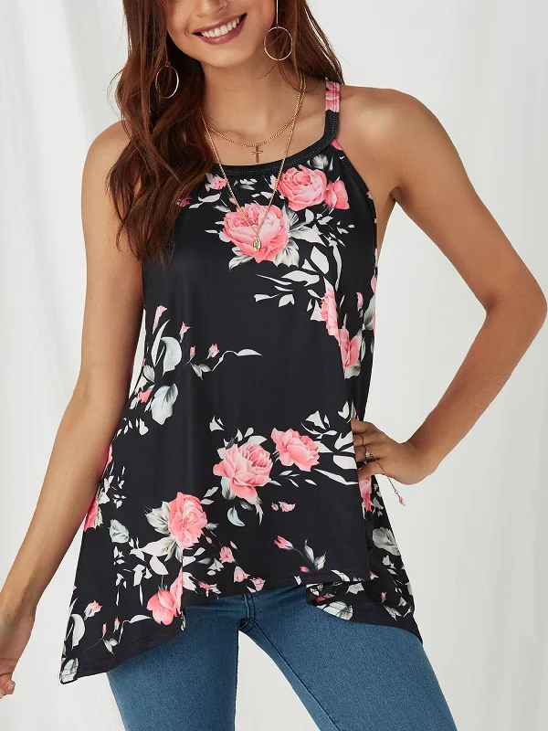 Custom Floral Print Sleeveless Black Camis