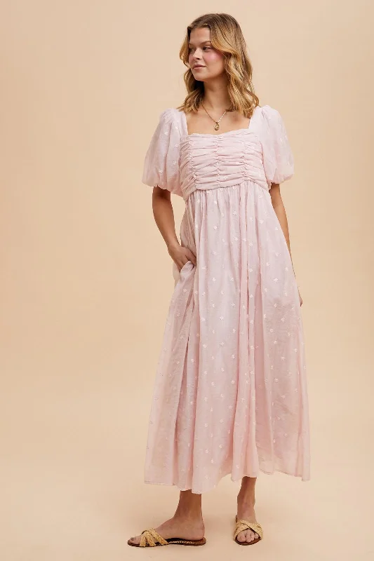 Light Pink Embroidered Shirred Puff Sleeve Maxi Dress