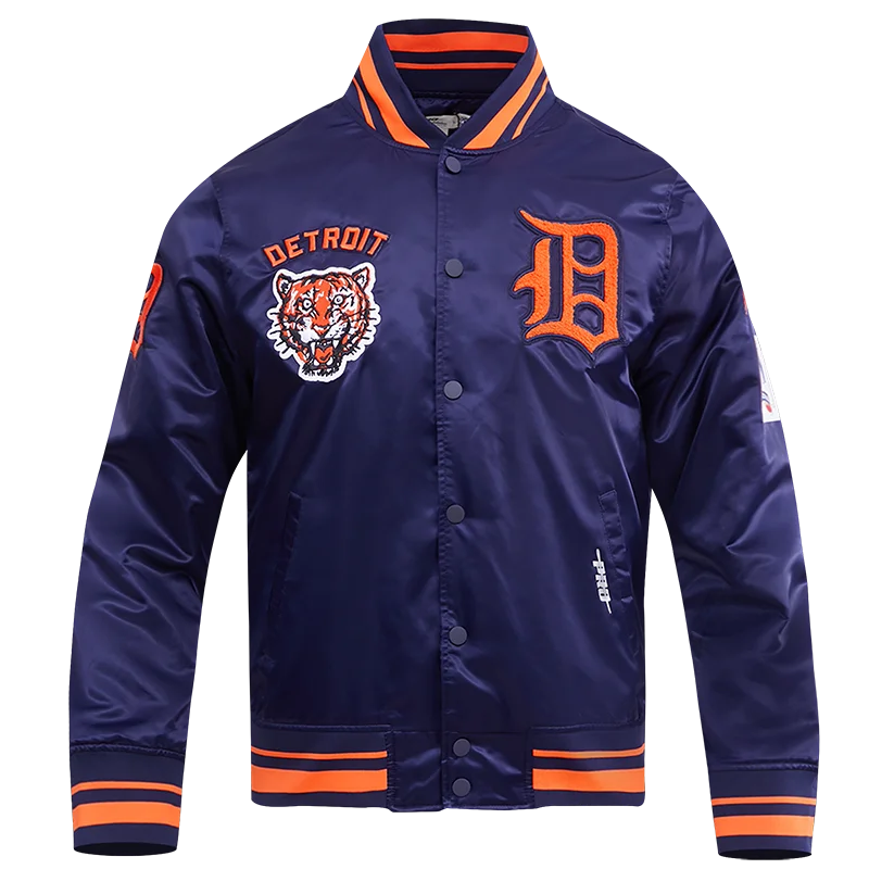 MLB DETROIT TIGERS RETRO CLASSIC MEN'S RIB SATIN JACKET (MIDNIGHT NAVY/ORANGE/MIDNIGHT NAVY)