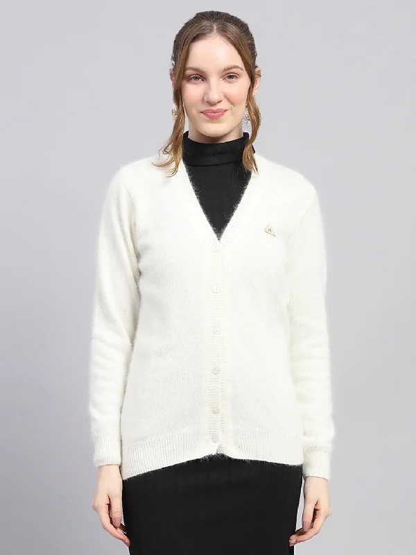 Women Off White Solid V Neck Full Sleeve Cardigan