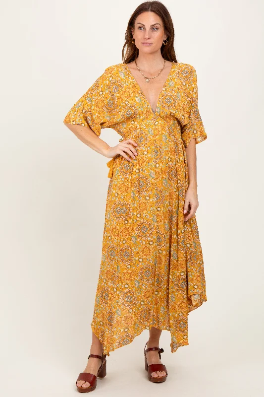 Yellow Printed Deep V-Neck Handkerchief Hem Maxi Dress