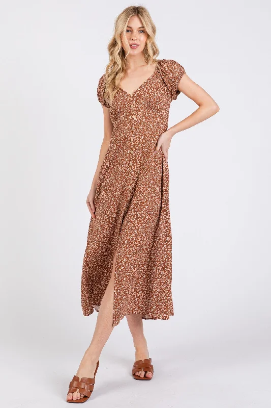 Rust Floral V-Neck Button Front Midi Dress