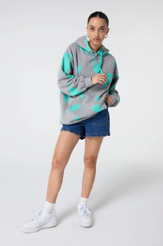 Grey Marl with Turquoise Mega Lightning Bolt Longline Hoodie