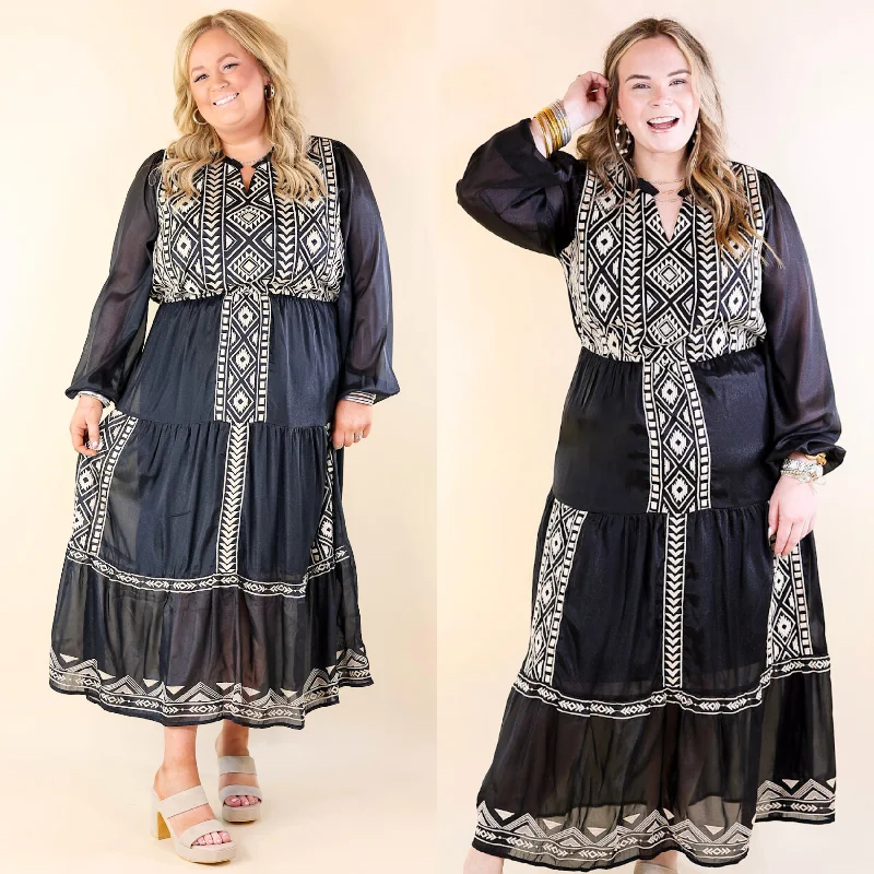 Bring The Drama Ivory Embroidered Maxi Dress with Long Sleeves in Black