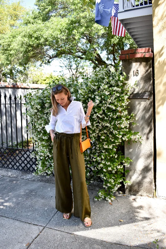 Linen Palazzo Pants Dark Green