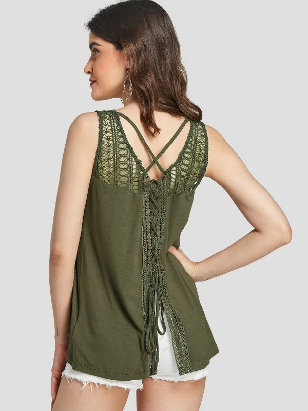 Custom Round Neck Plain Crochet Lace Embellished Lace-Up Criss-Cross Sleeveless Army Green Tank Top