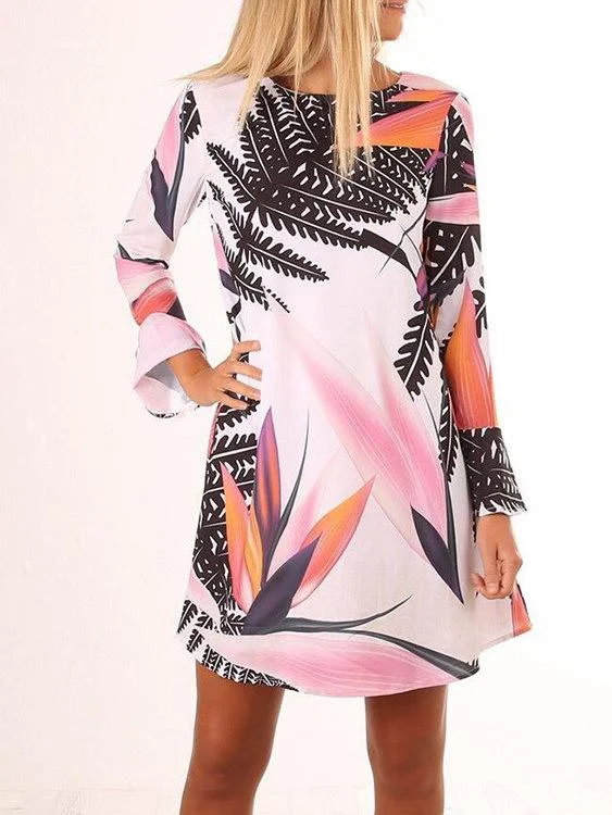 Wholesale Round Neck Long Sleeve Floral Print Zip Back Mini Dress