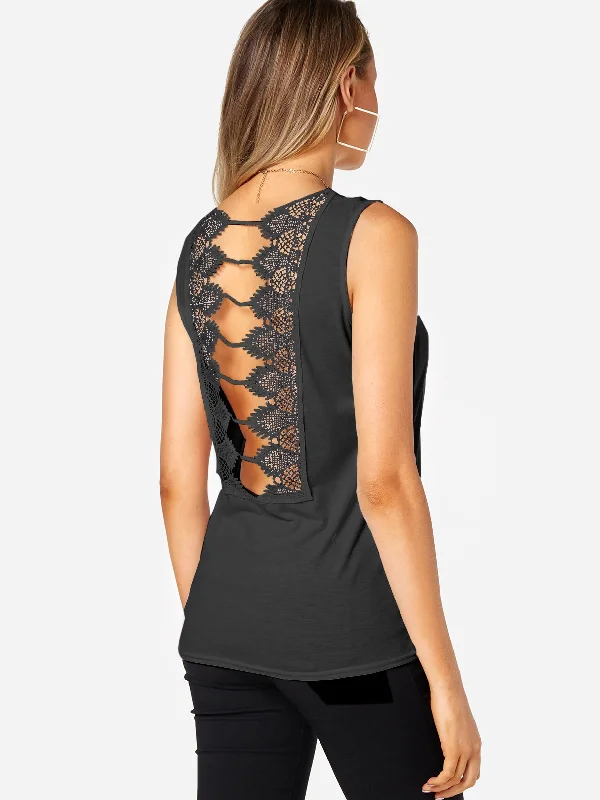 Custom Round Neck Lace Cut Out Sleeveless Tank Top