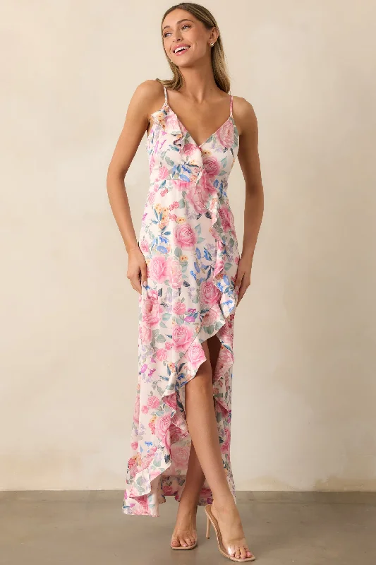 A Springtime Waltz Pink Multi Floral Ruffle Maxi Dress