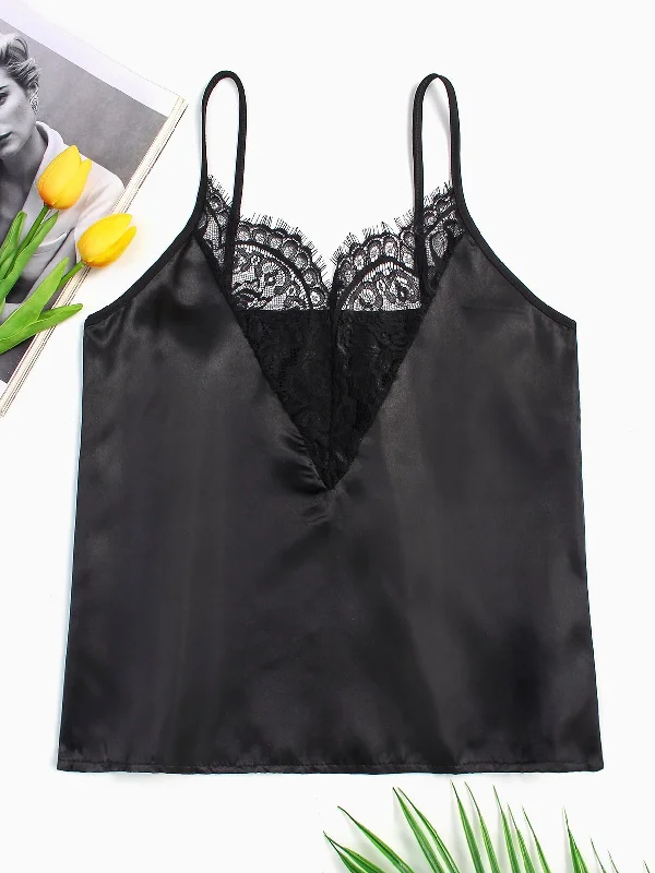 Custom Deep V Neck Lace Black Camis