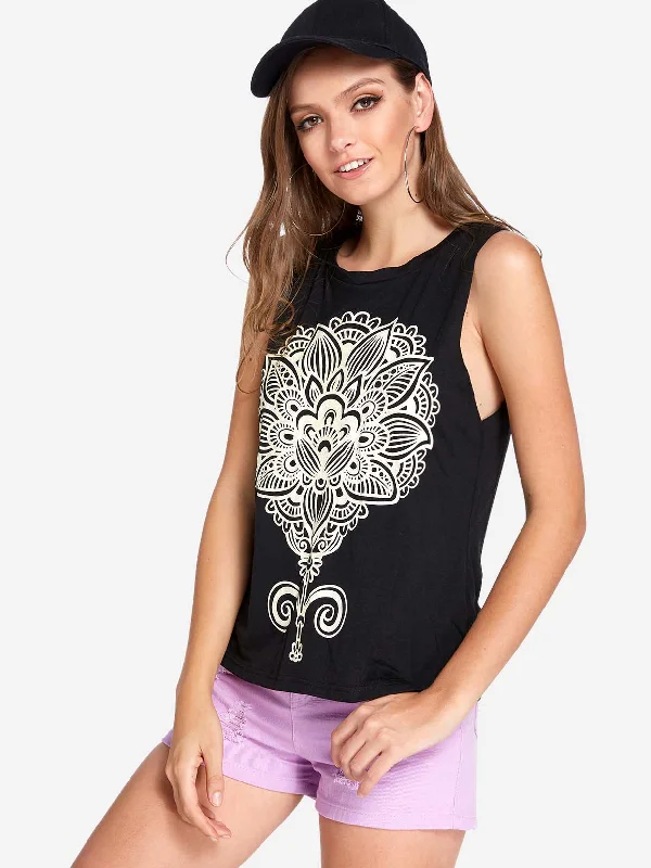 Custom Round Neck Printed Sleeveless Black Tank Top