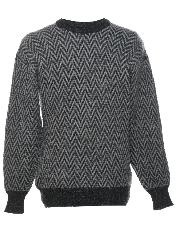 Grey Patterned Knit Jumper - M