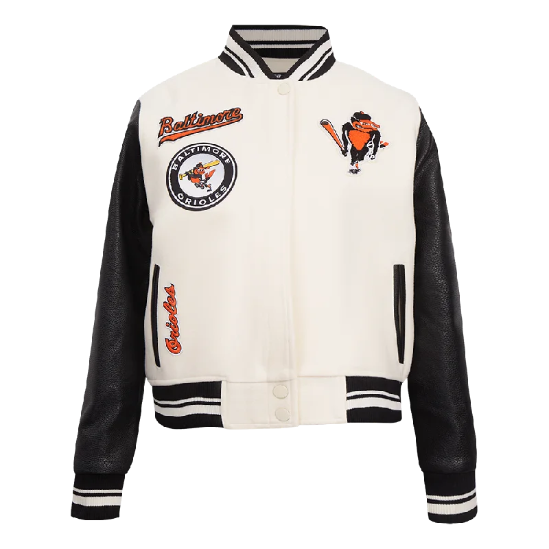 MLB BALTIMORE ORIOLES RETRO CLASSIC WOMEN'S RIB WOOL VARSITY JACKET (EGGSHELL/ BLACK)