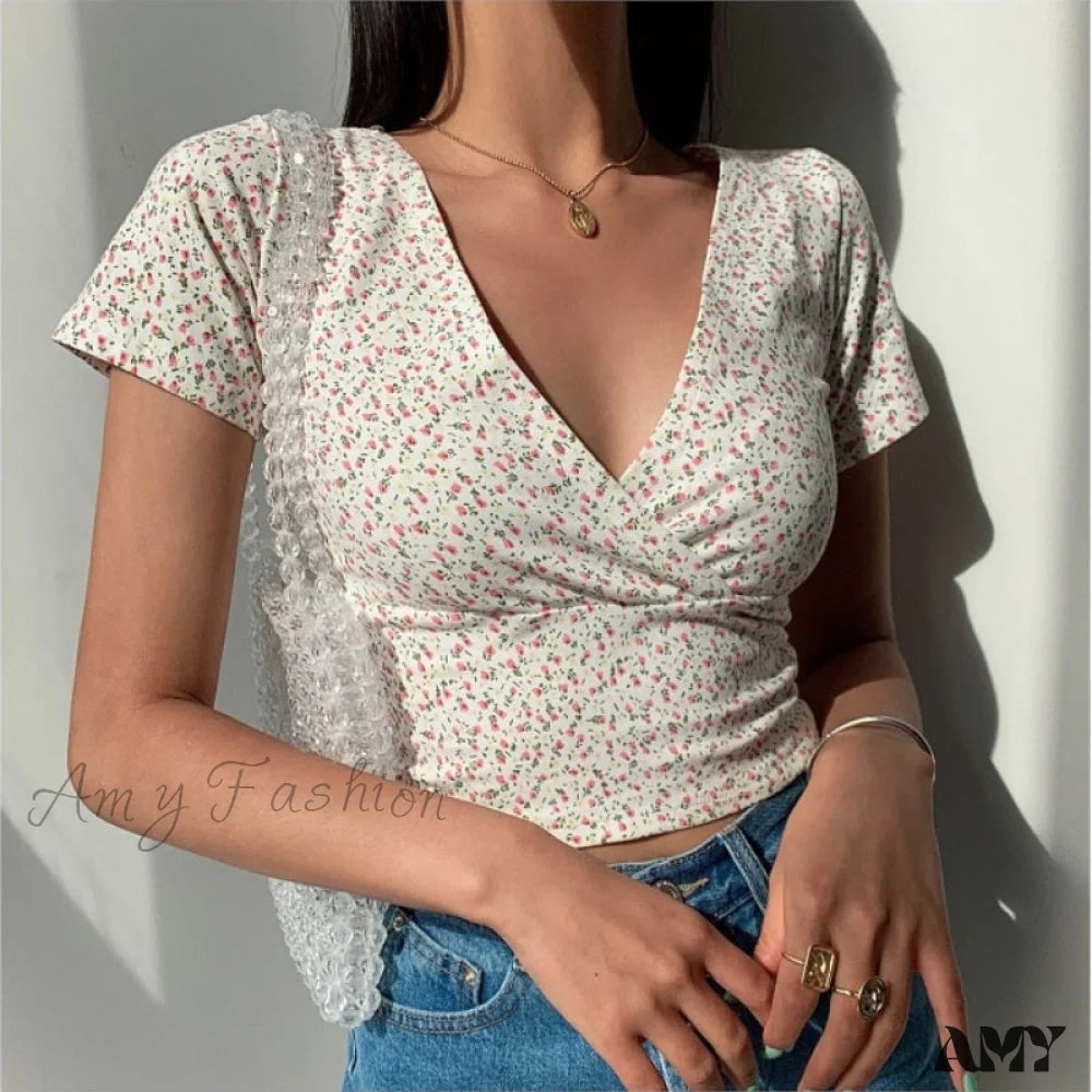 Amy Fashion - French Retro Floral V-neck Short-sleeved T-shirt