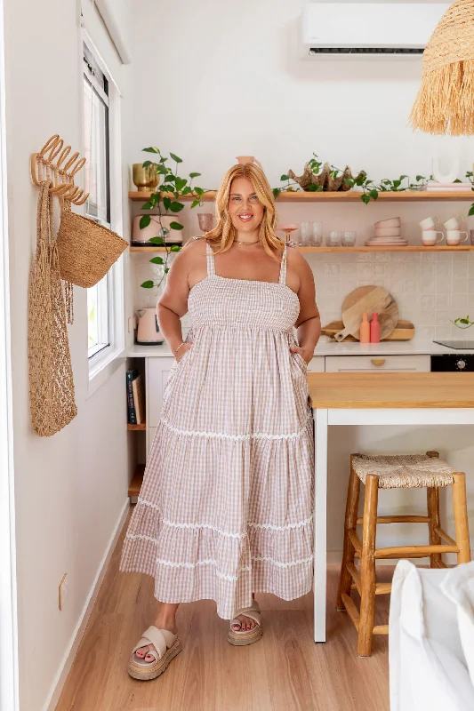 Allegra Maxi Dress in Beige & White Gingham