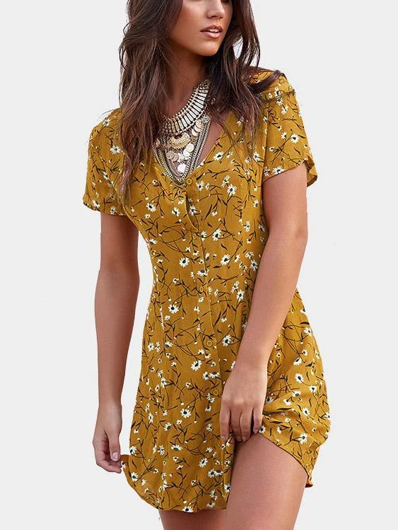 Wholesale V-Neck Short Sleeve Floral Print Lace-Up Mini Dress