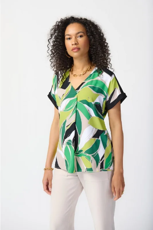 Joseph Ribkoff Vanilla/Multi Tropical Print Pleated Dolman Sleeve Top 241175