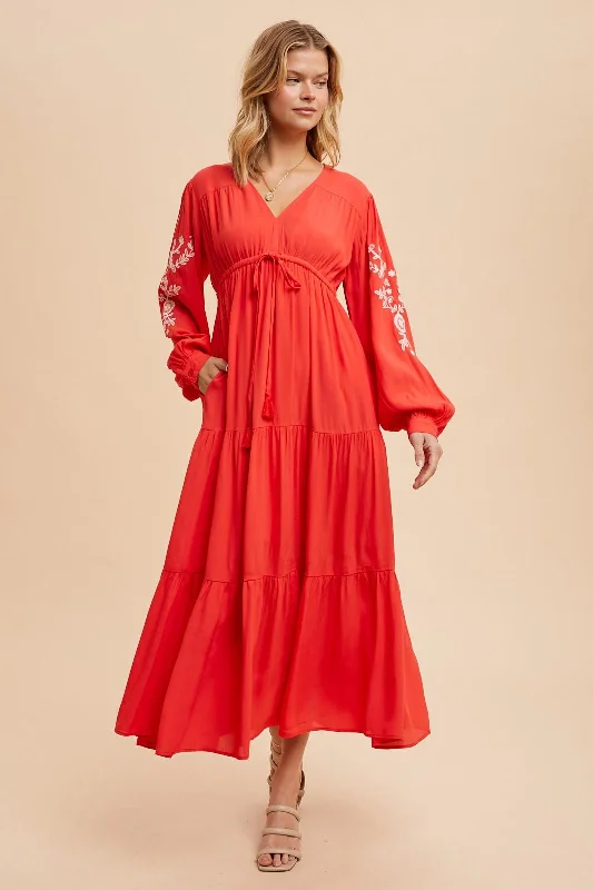 Red Embroidered Long Sleeve Maxi Dress