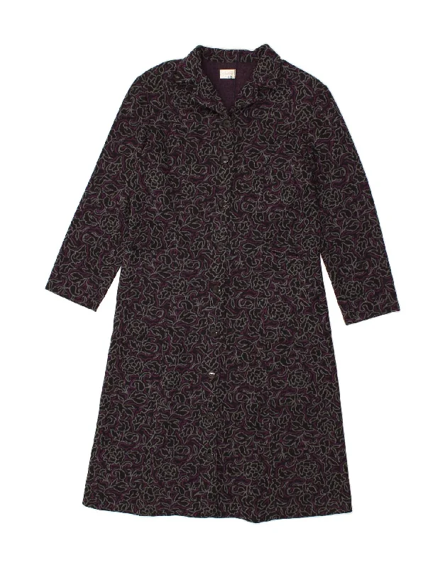 VINTAGE Womens Overcoat IT 48 XL Black Floral Wool