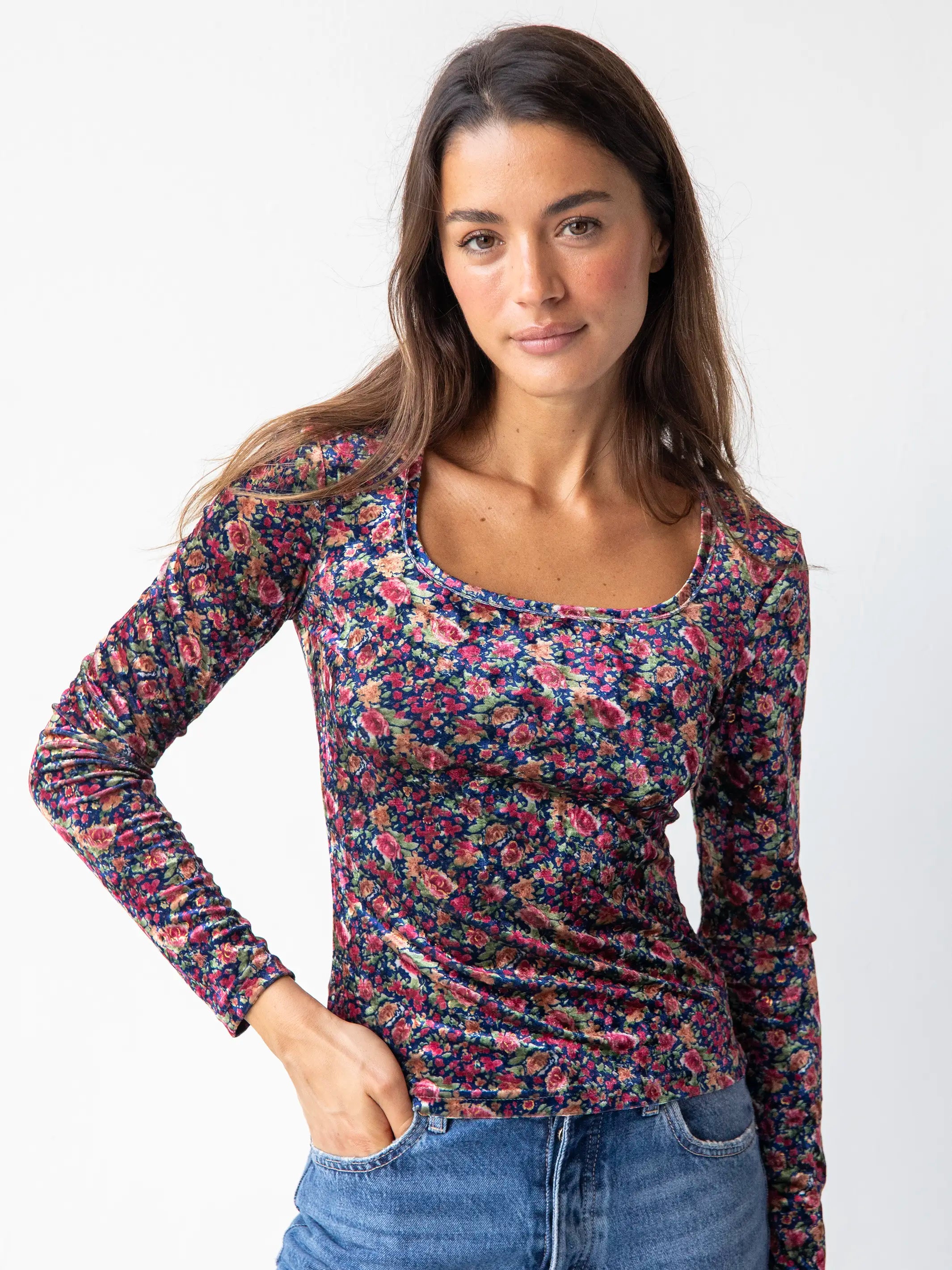 Danielle Square Neck Velvet Top - Navy Pink Roses