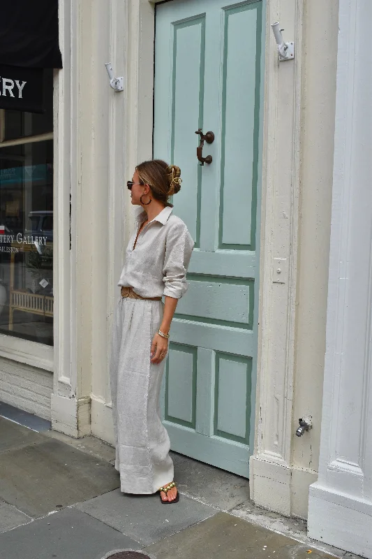 Linen Palazzo Pants Oatmeal with White Embroidery