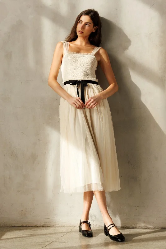 Cream Smocked Contrast Sash Ruffle Tulle Midi Dress