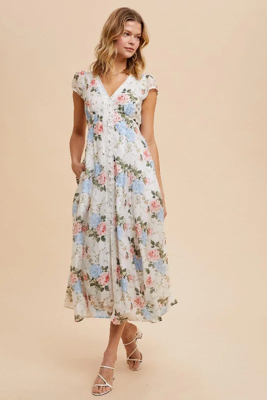 Ivory Garden Floral Lace Trim Button Down Midi Dress