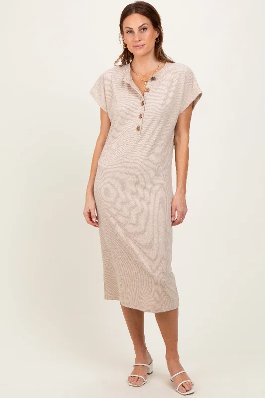 Beige Solid Ribbed Short Sleeve Button Down Knit Midi Dress