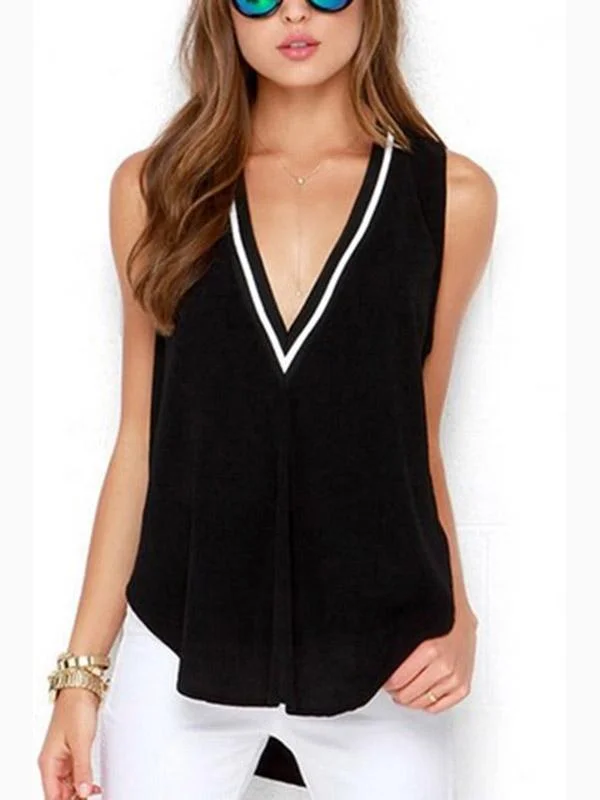 Custom Deep V Neck Plain Sleeveless Irregular Hem Black Tank Top