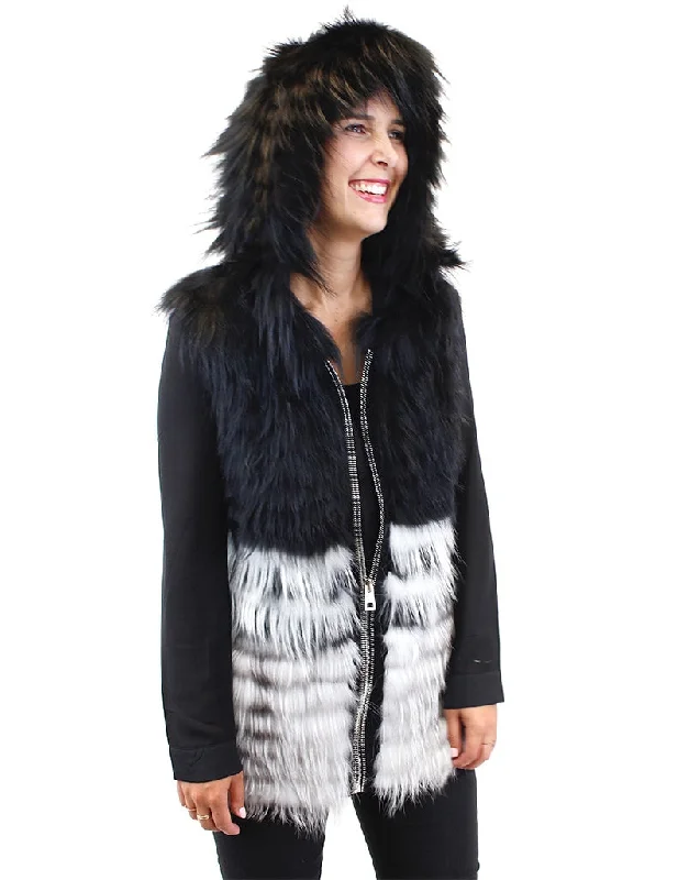 RIZAL - HOODED BLACK & WHITE FEATHERY LAYERED RACCOON FUR VEST