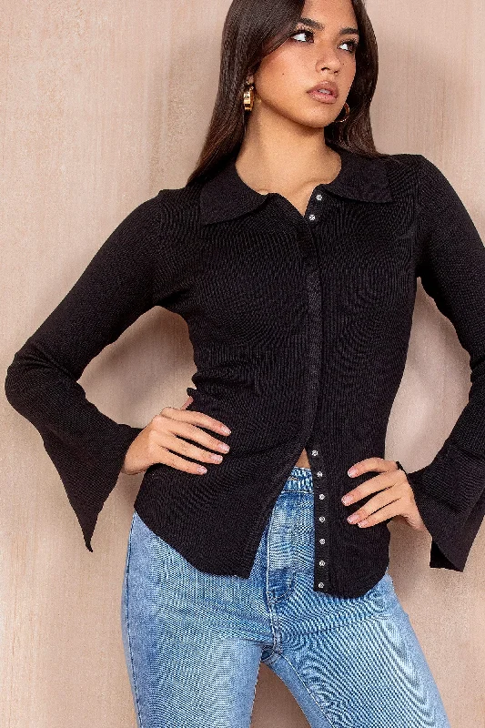 Phoenix Black Knit Ribbed Blouse