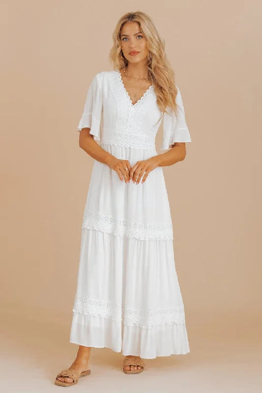 White Short Sleeve Lace Maxi Dress