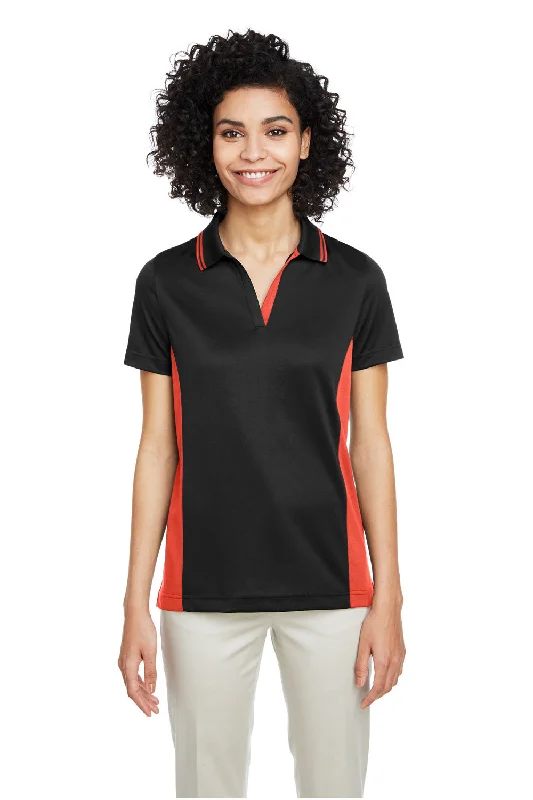 Harriton Womens Flash Performance Moisture Wicking Colorblock Short Sleeve Polo Shirt - Black/Team Orange