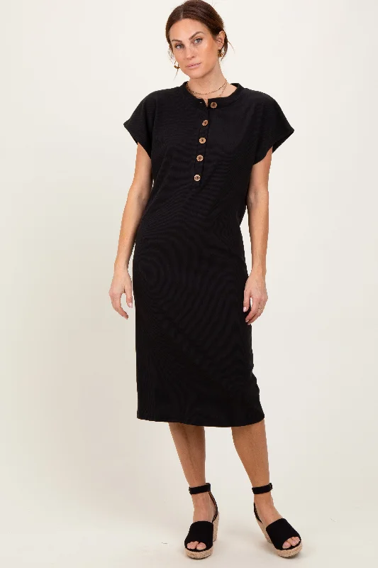 Black Solid Ribbed Short Sleeve Button Down Knit Midi Dress