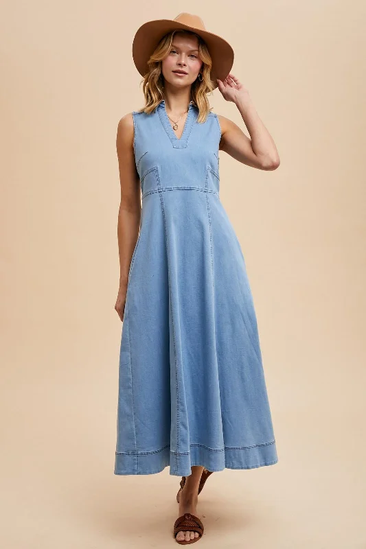 Light Blue Wash Collared Denim Flare Midi Dress