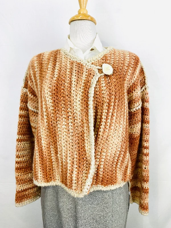 Vintage Handknit Chunky Orange Variegate Cardigan with Wood Button, Large