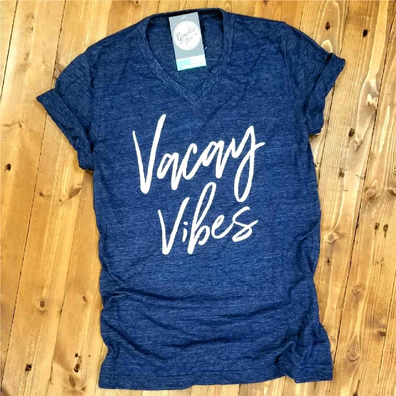 Vacay Vibes - Navy Slub V-Neck Tee