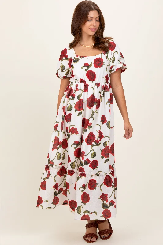 Cream Floral Square Neck Short Puff Sleeve Midi Dress