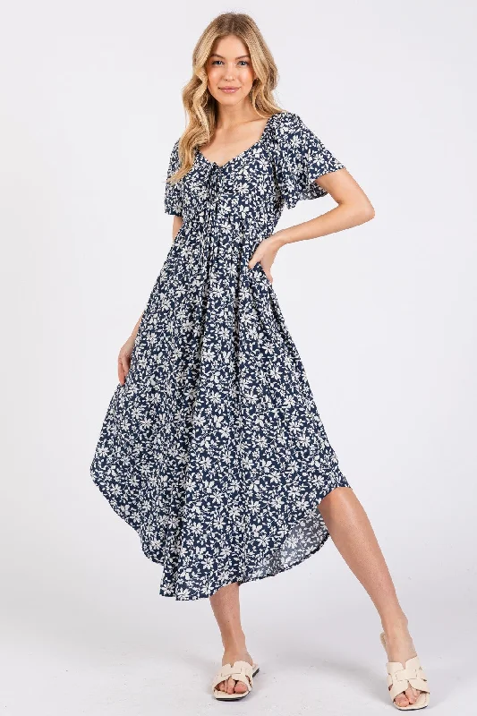 Navy Blue Floral Ruched Tie Front Midi Dress