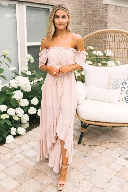 Blush Off the Shoulder Button Down High Low Maxi