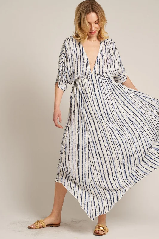 Navy Printed Deep V-Neck Midi Dress