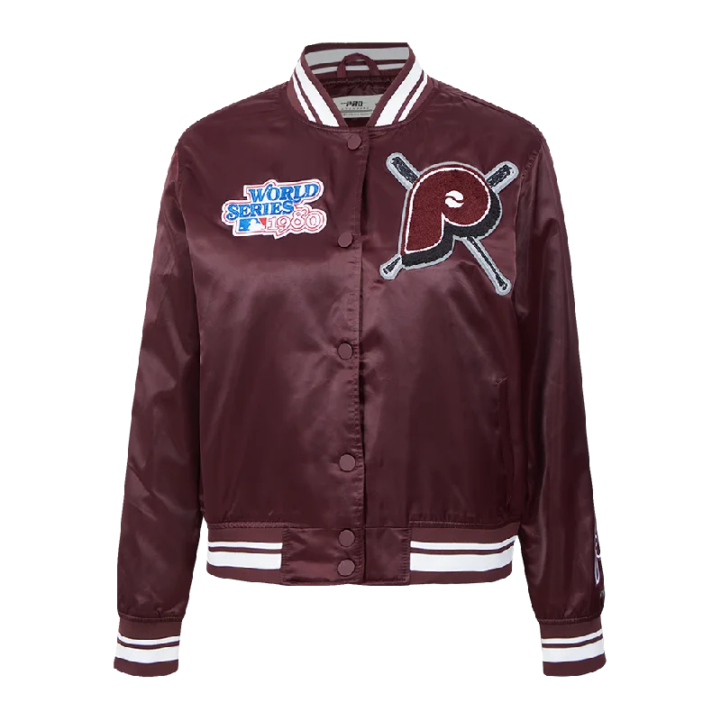 MLB PHILADELPHIA PHILLIES RETRO MASHUP WOMEN'S RIB SATIN JACKET (WINE)